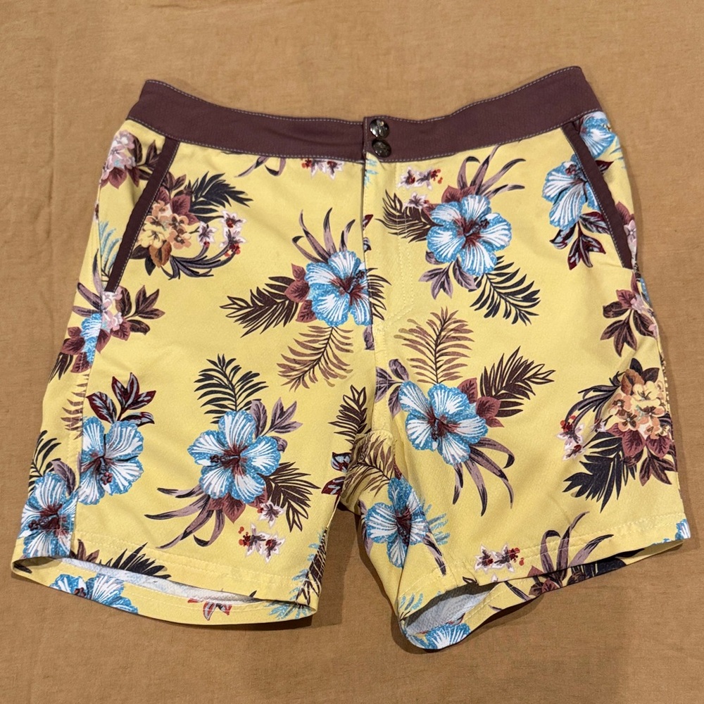 Men's Floral Print Swim Board Shorts - Yellow and Brown